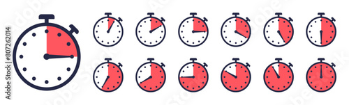 Timer and Stopwatch flat icons set. Countdown symbol set. Vector