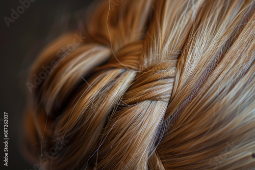 A woman s hair is braided and has a shiny  golden color