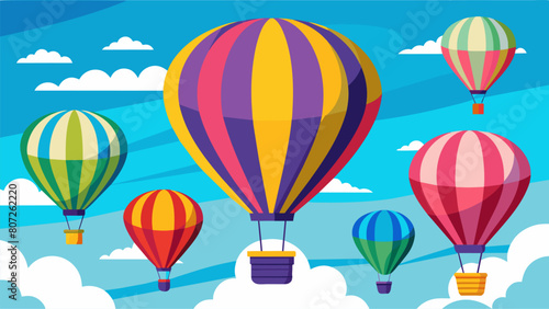 Patches of bright colors fill the sky as hot air balloons manned by skilled pilots race against each other in a lively and spirited competition.. Vector illustration
