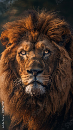 A lion with a long mane and a fierce look on its face