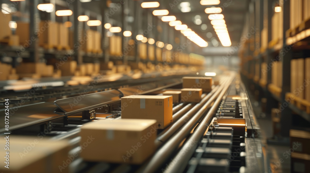 A conveyor belt in a warehouse with boxes on it