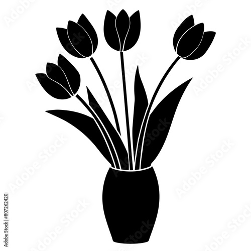 Tulips flower on the vase silhouette vector illustration on a white background.