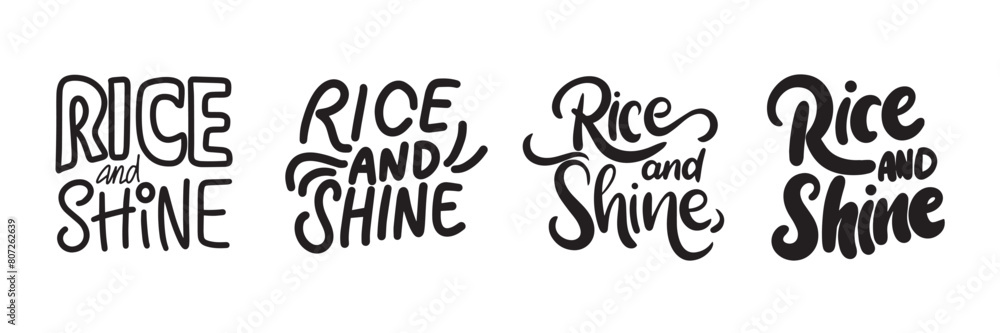 Collection of Rice and Shine word lettering. Hand drawn vector art.