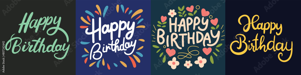 Collection of Happy Birthday lettering. Hand drawn vector art.