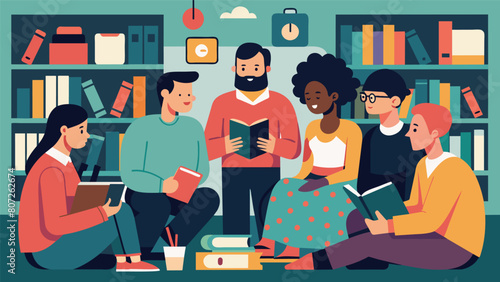 In a quaint bookstore a group of music enthusiasts gathered to discuss their favorite albums and the impact they had on their personal music taste. Vector illustration