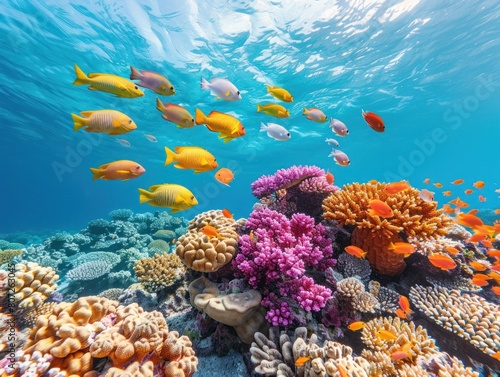 Numerous fish swimming above a colorful coral reef in the ocean
