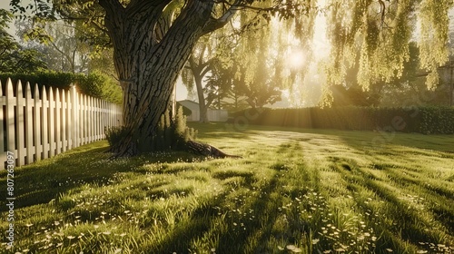 Realtime low-poly 3D scene from a mobile game showing a green pasture. The camera is placed very close to the ground and there are a willow tree and a white picket fence visible in the top third of th