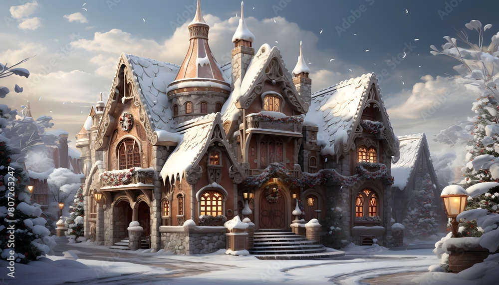 Merry Christmas and Happy New Year. Panoramic view of a beautiful wooden house in the middle of a snowy forest.