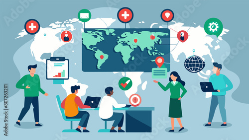 A command center with a map of the world marked with potential disaster zones and teams of experts working to coordinate response efforts..