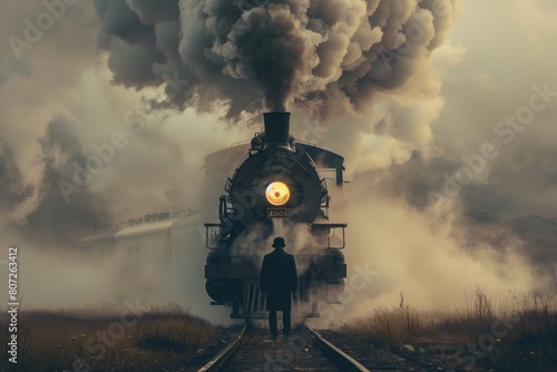 Old steam locomotive in the smoke. Photo in retro style.