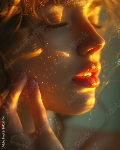 A closeup of a hand applying lip balm in a soft, nurturing setting illuminated by a warm, golden light