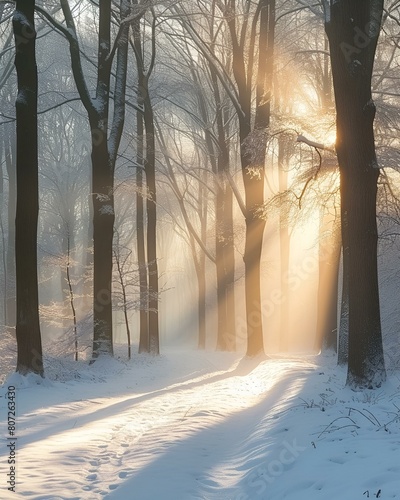 Zimowy las rozświetlony promieniami wschodzącego słońca