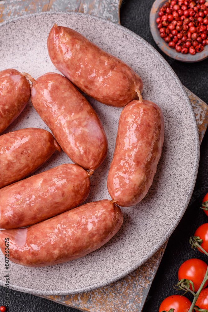 Baked chicken or pork sausages, salt, spices and herbs Baked chicken or pork sausages, salt, spices and herbs
