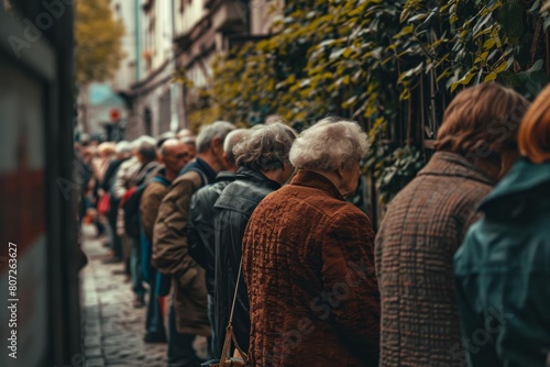 European people queue and wait for shopping on sidewalk outside supermarket. Peaceful protesters, street strike against economical and financial crisis, unemployment, poverty and joblessness concept photo