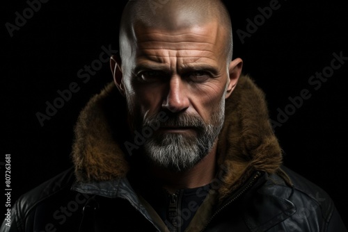 Despise. Angry and grumy Caucasian skinhead bearded man extremely sulking, furrow eyebrows and staring with anger and contempt, boiling from furious emotions, standing over black background photo
