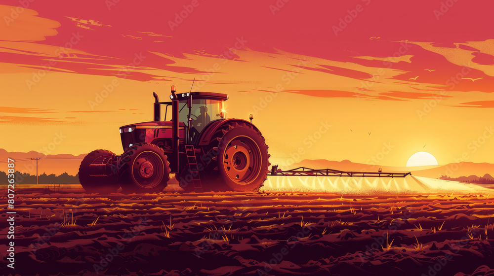 Fototapeta premium A red tractor is spraying a field with a sun in the background