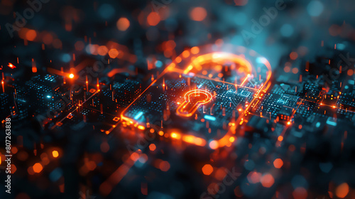 A 3D cybersecurity lock icon, glowing in fiery orange, set against a cybernetic blue background photo
