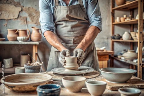 The hands of a master potter in a pottery workshop making dishes. Manufacture of clay and ceramic dishes. The potter's hands create a jug on a potter's wheel.