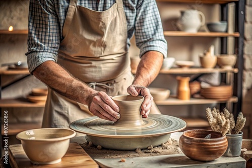 The hands of a master potter in a pottery workshop making dishes. Manufacture of clay and ceramic dishes. The potter's hands create a jug on a potter's wheel.