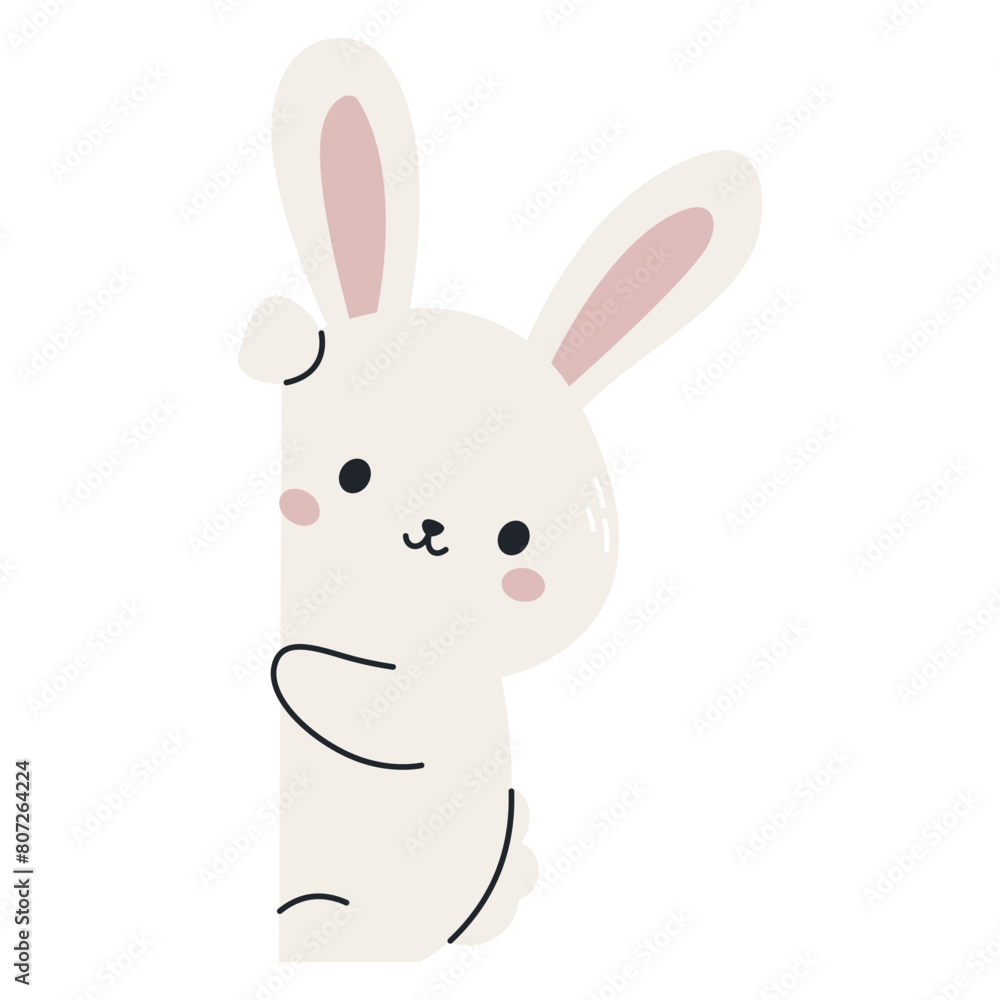 Cute white rabbit peeking out from behind a banner. Flat vector illustration on white background, space for your text . Vector illustration Cute white rabbit peeking out from behind a banner. Flat vector illustration on white background, space for your text . Vector illustration
