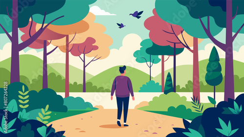 A person taking a walk through a serene park surrounded by towering trees and chirping birds.. Vector illustration