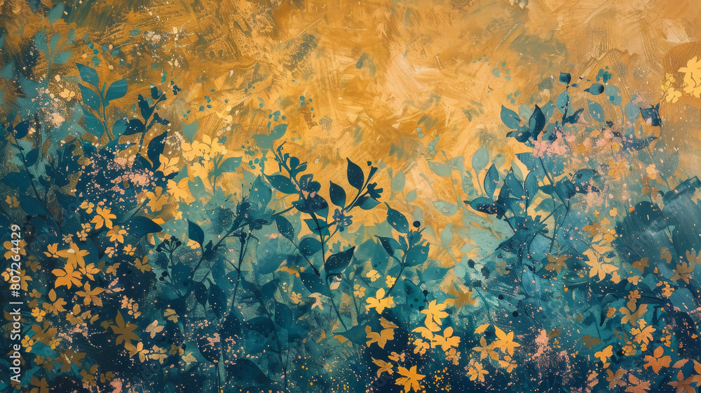 A painting of flowers with gold accents