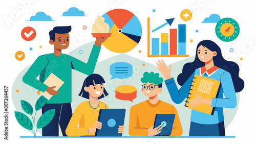 A group of students using their artistic talents to create powerful visuals and graphics incorporating statistics and personal stories to highlight. Vector illustration