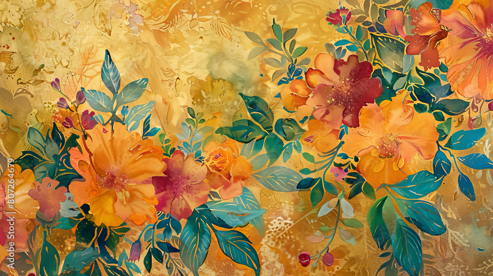 A painting of flowers with a gold background A painting of flowers with a gold background