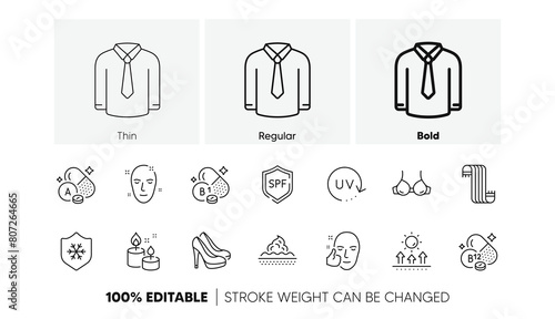 Aroma candle, Clean skin and Shirt line icons. Pack of Health skin, Cobalamin vitamin, Thiamine vitamin icon. Shoes, Healthy face, Spf protection pictogram. Sun protection, Bra, Scarf. Vector