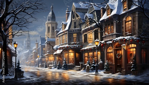 Snowfall in Montreal, Quebec, Canada. Winter cityscape with old houses and street lights. photo
