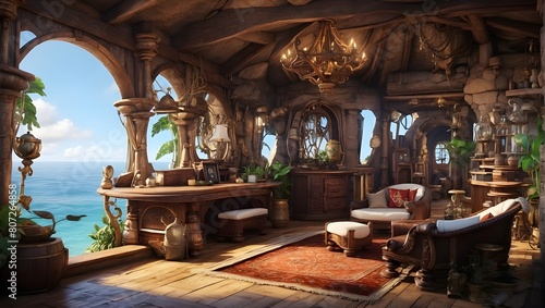 A unique and diverse pirate home, with a grand entrance and a hidden treasure room,interior of the house