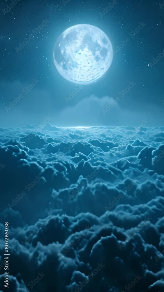 Flying Over the Infinite Clouds with the Night Moon Shining Seamless. Looped 3d Animation with Moonlight Over the Horizon. 4k Ultra Beautiful Moon in the Skies. Beauty Flying Over the Infinite Clouds with the Night Moon Shining Seamless. Looped 3d Animation with Moonlight Over the Horizon. 4k Ultra Beautiful Moon in the Skies. Beauty