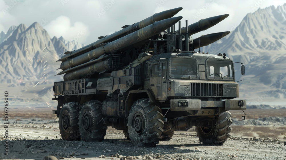 A large military vehicle with three rockets on top of it A large military vehicle with three rockets on top of it