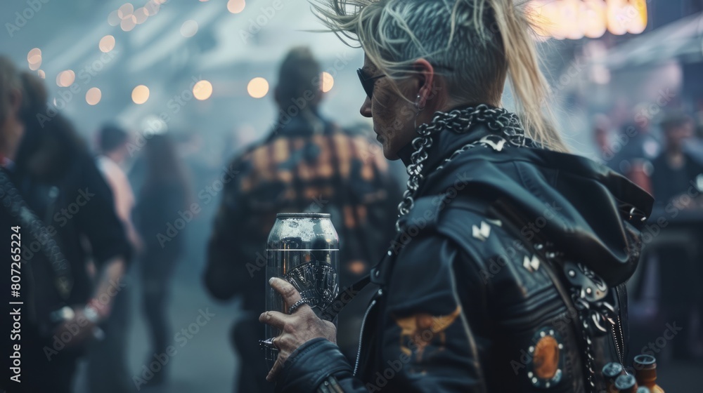 wide shot of a 40 years old woman wearing a black leather jacket with a Lagertha haircut and holding a viking tankard at metal music concert wide shot of a 40 years old woman wearing a black leather jacket with a Lagertha haircut and holding a viking tankard at metal music concert
