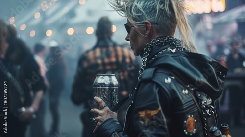 wide shot of a 40 years old woman wearing a black leather jacket with a Lagertha haircut and holding a viking tankard at metal music concert
