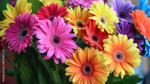 a jubilant bouquet of rainbow-colored gerbera daisies  creating a lively and vibrant composition that adds a burst of joy and positivity to any setting.