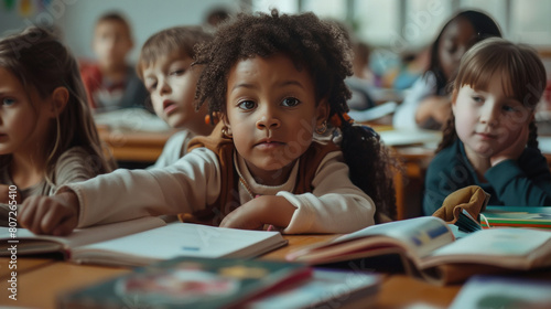 group of kids sit at tables with books and study at primary school