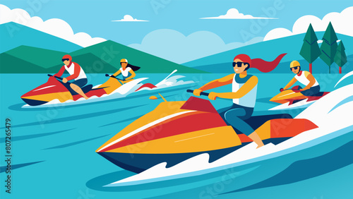Racing across the water on highspeed jet skis campers feel the rush of adrenaline during an exciting day on the lake.. Vector illustration