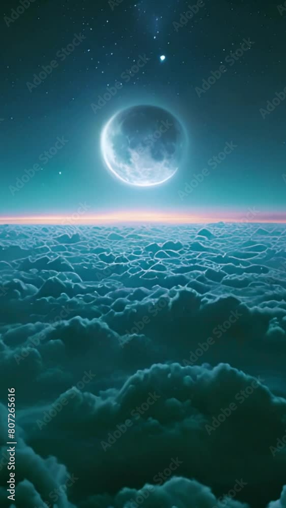 Flying Over the Infinite Clouds with the Night Moon Shining Seamless. Looped 3d Animation with Moonlight Over the Horizon. 4k Ultra Beautiful Moon in the Skies. Beauty Flying Over the Infinite Clouds with the Night Moon Shining Seamless. Looped 3d Animation with Moonlight Over the Horizon. 4k Ultra Beautiful Moon in the Skies. Beauty
