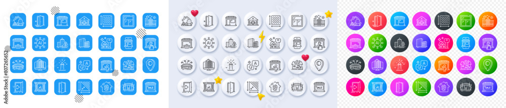 Fireplace, Market seller and Market sale line icons. Square, Gradient, Pin 3d buttons. AI, QA and map pin icons. Pack of Door, Court building, Hotel icon. Vector