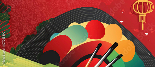 A Colorful Digital Illustration Celebrating Asian Culinary Traditions Against a Red Background
