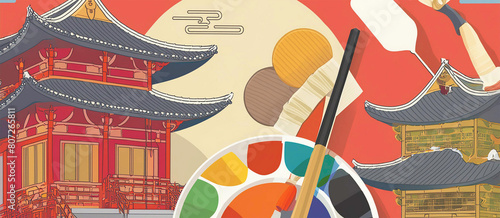 Traditional Japanese Pagoda Illustrated With Paintbrush and Palette