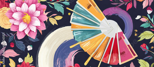 Colorful Assortment of Handheld Fans Amidst a Floral Patterned Background