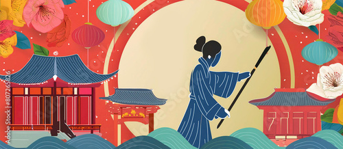 Traditional Asian Scene With Woman in Kimono Playing a Stringed Instrument