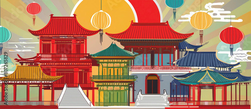 Vibrant Illustration of Traditional Asian Architecture Against a Sunset Background