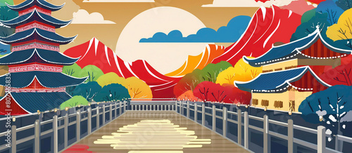 A striking representation of a tranquil Japanese landscape featuring traditional pagodas and temples