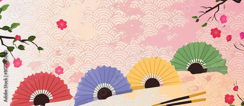 Traditional Japanese Fans and Cherry Blossoms Depicted in a Stylish Graphic Illustration
