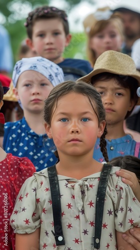Children gathered closely, standing side by side in a group in preparation for Utah's Pioneer Day