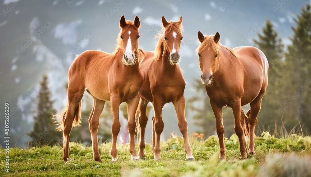 Fototapeta premium Graceful Trio: Young Horses Frolic in the Meadow