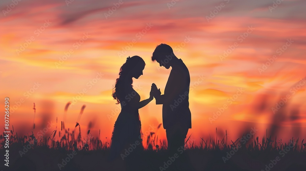 Silhouette of Christian couple praying together.